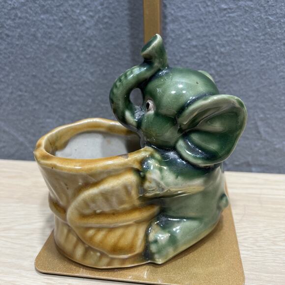 Vintage MCM Green Elephant Glazed Ceramic Planter Pot Holder Good Luck Posed - Picture 3 of 8